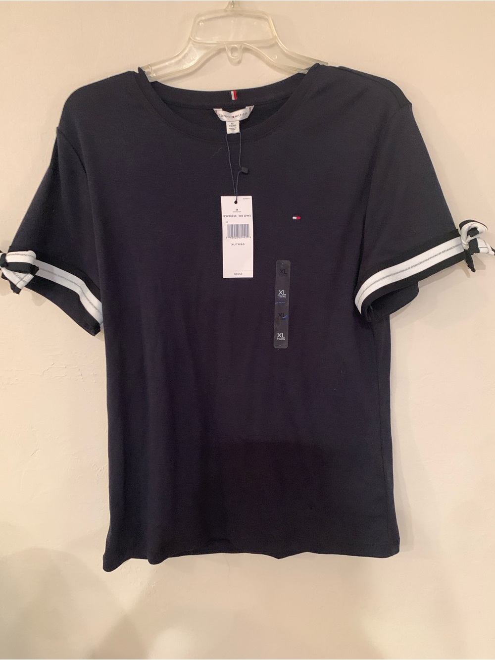 Tommy Hilfiger Navy Short-Sleeve Cotton Tee with White Bow Sleeve Stripes NWT XL